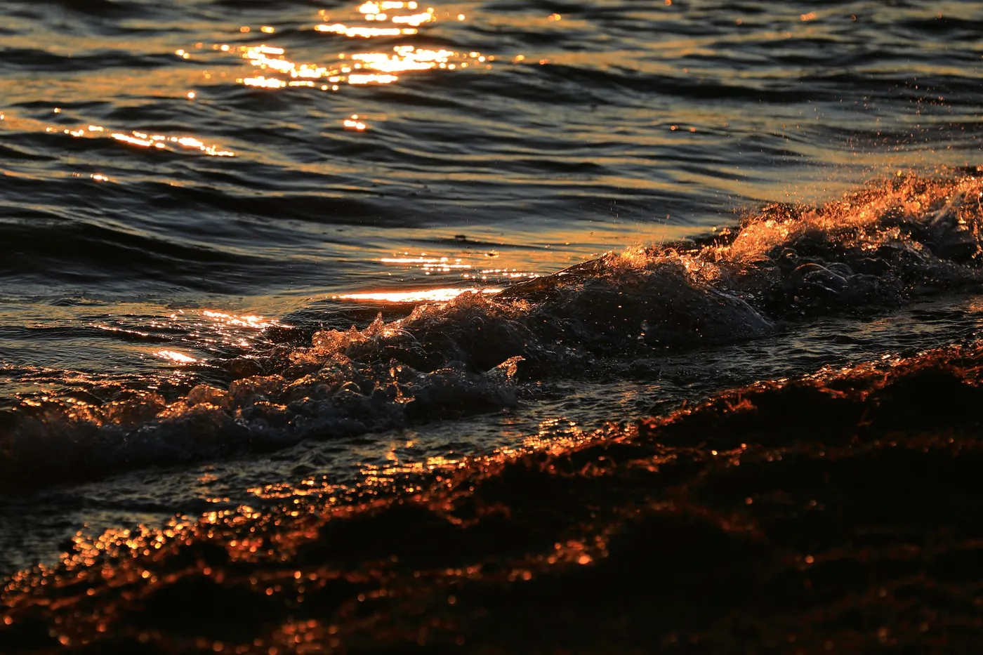 Waves breaking on the dark sand at Ureki on the Georgian Black Sea coast at sunset
