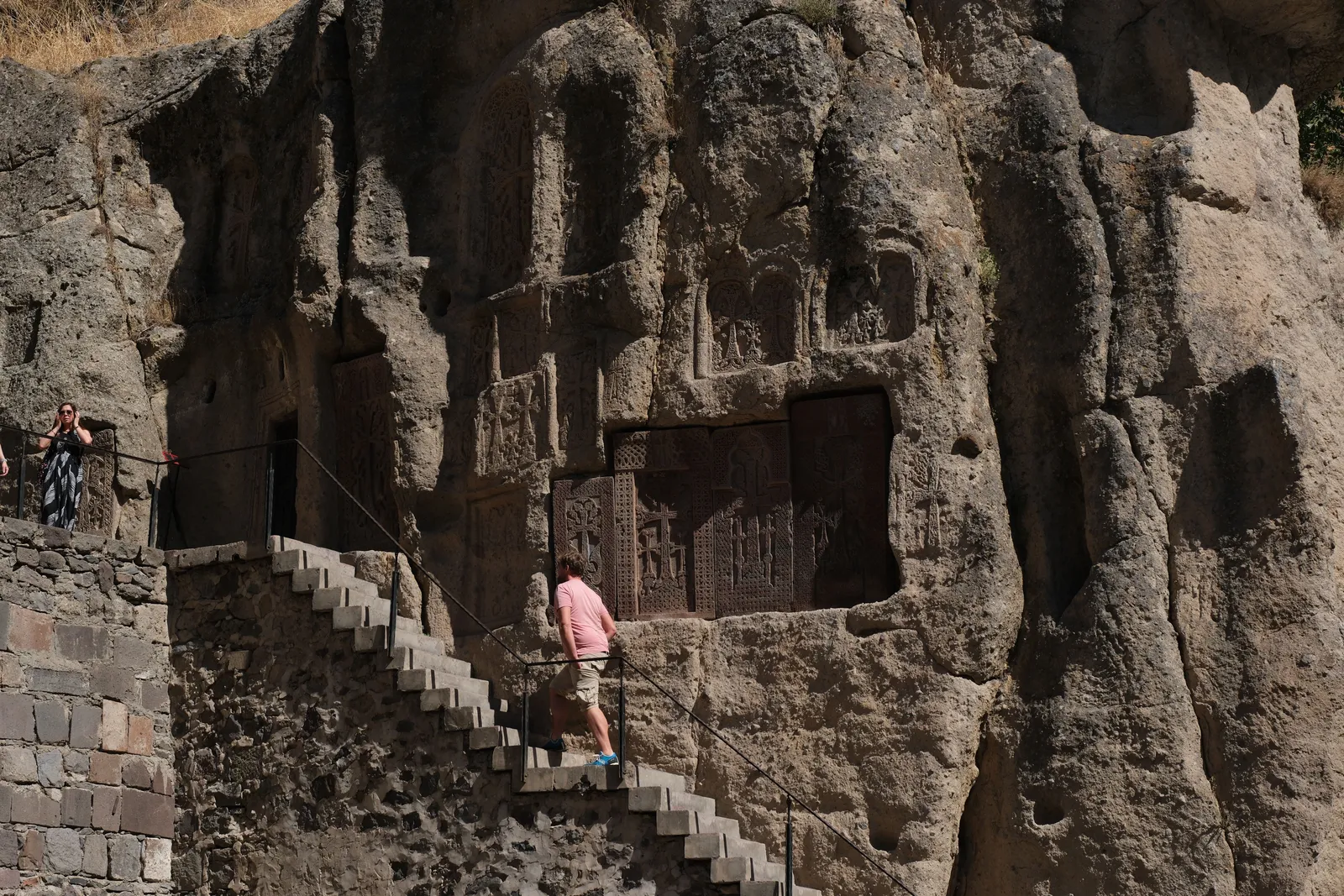 Monastery cells carved into a rock ridge in the Georgian semi desert