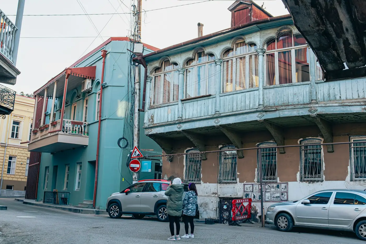 Old balcony houses lining a street in central Tbilisi, Georgia