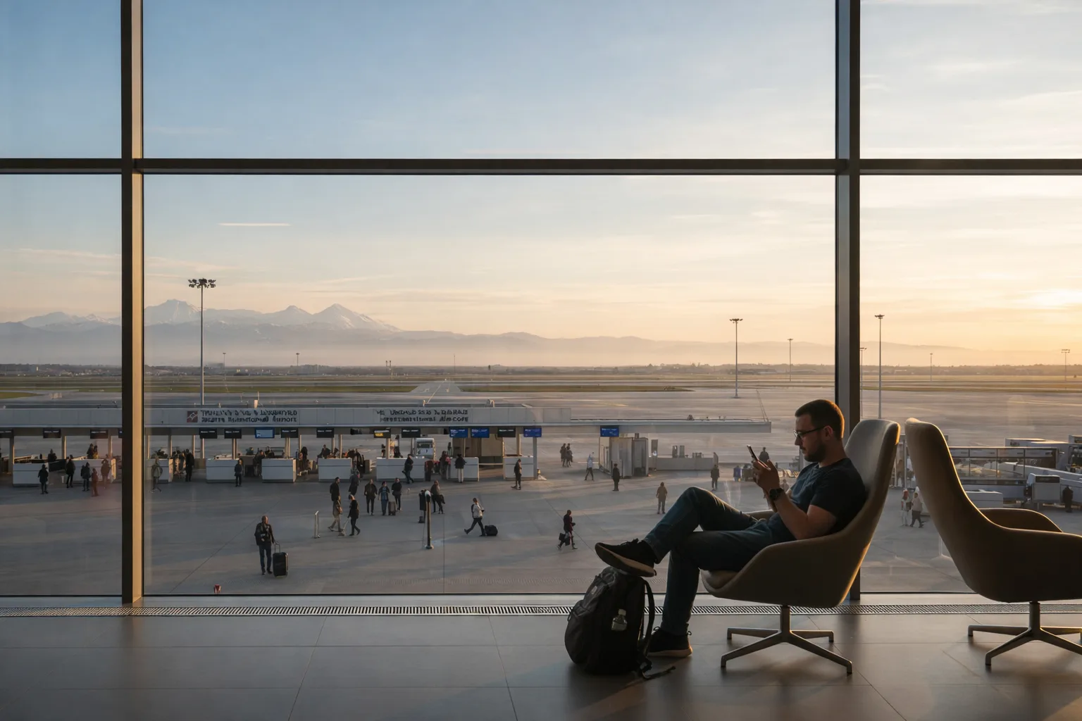 A traveller sitting with a phone beside a window at an airport terminal in Georgia