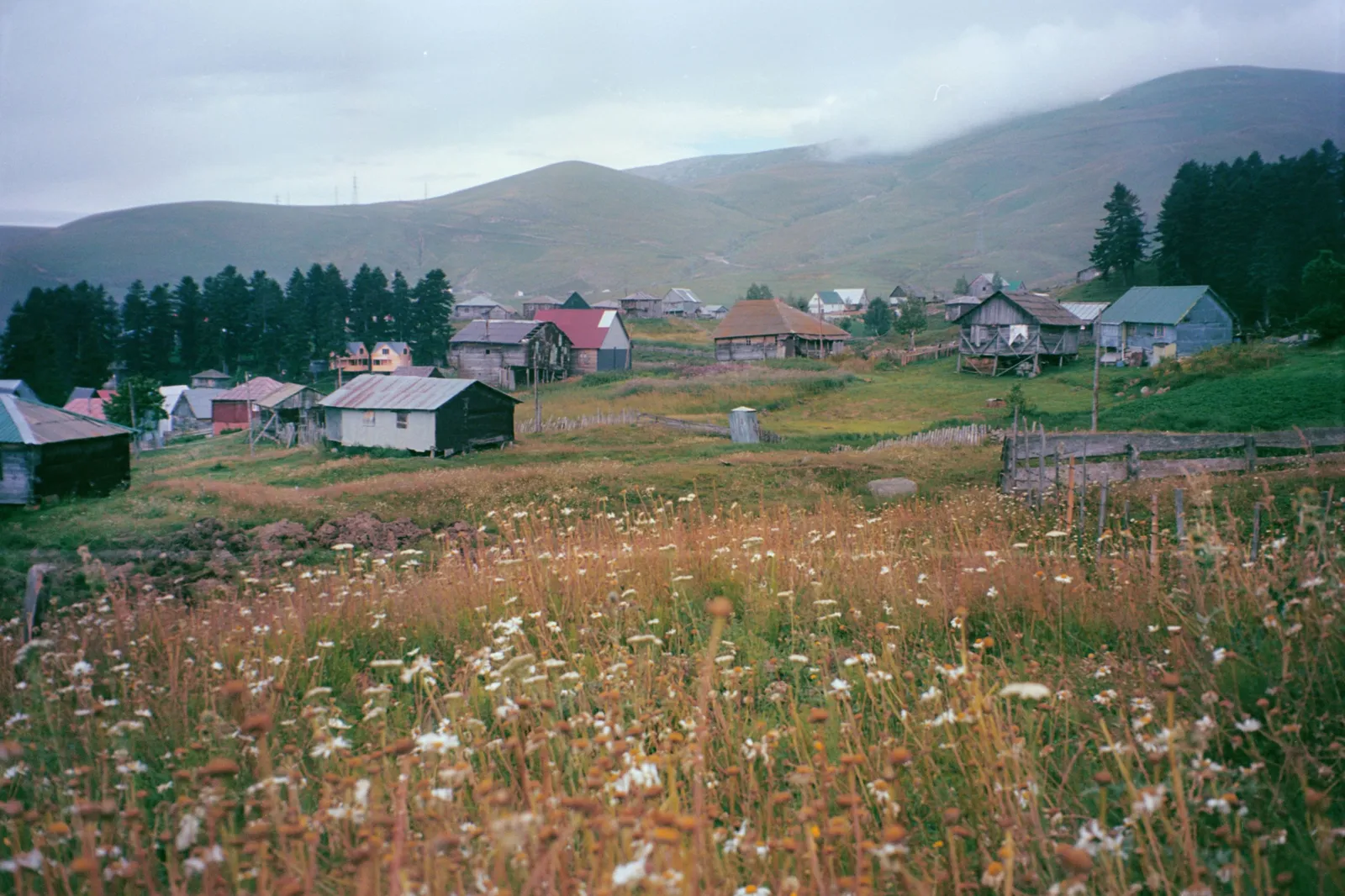 Scattered village houses in high meadowland below bare rounded hills in the Adjara mountains