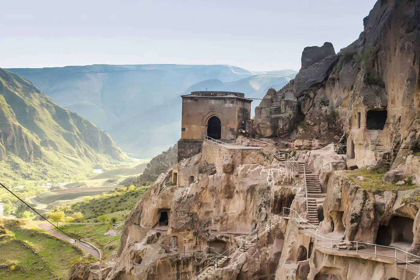 The tiers of cave openings cut into the cliff face at the Vardzia monastery in southern Georgia