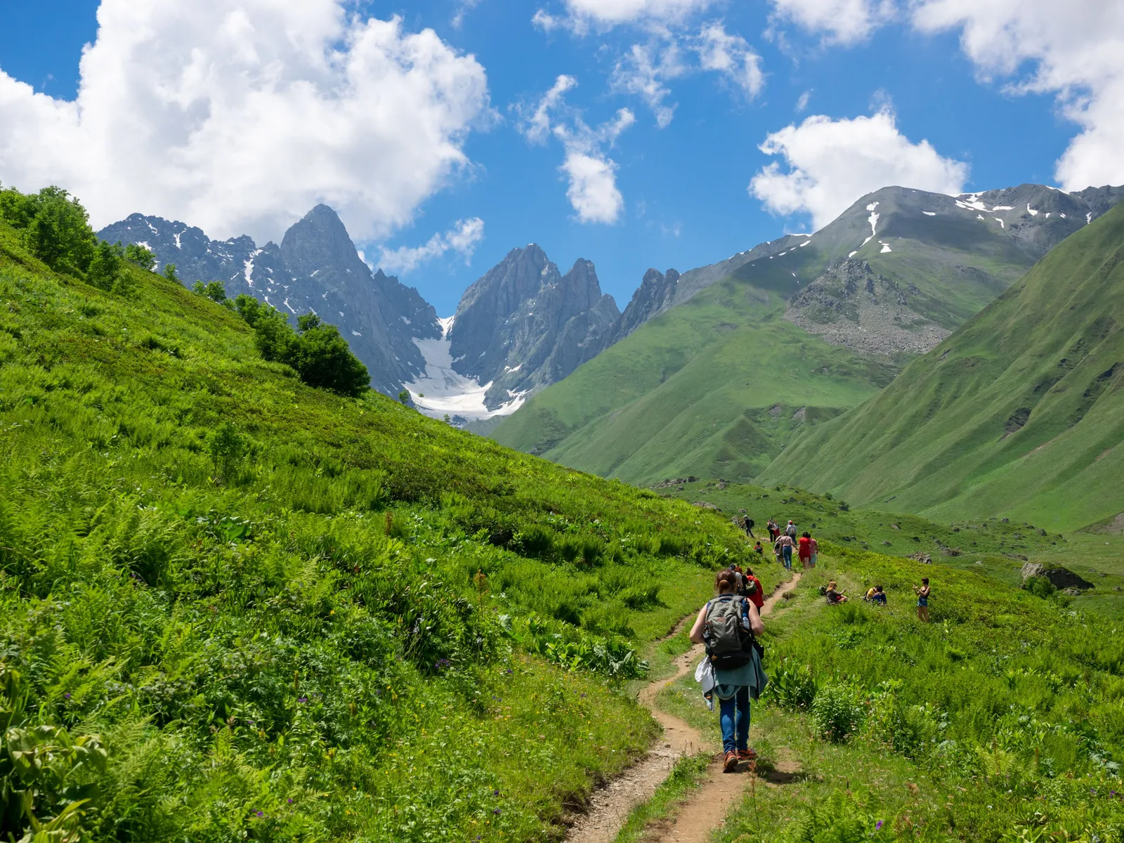 Walkers on a green mountain trail below jagged snow streaked peaks