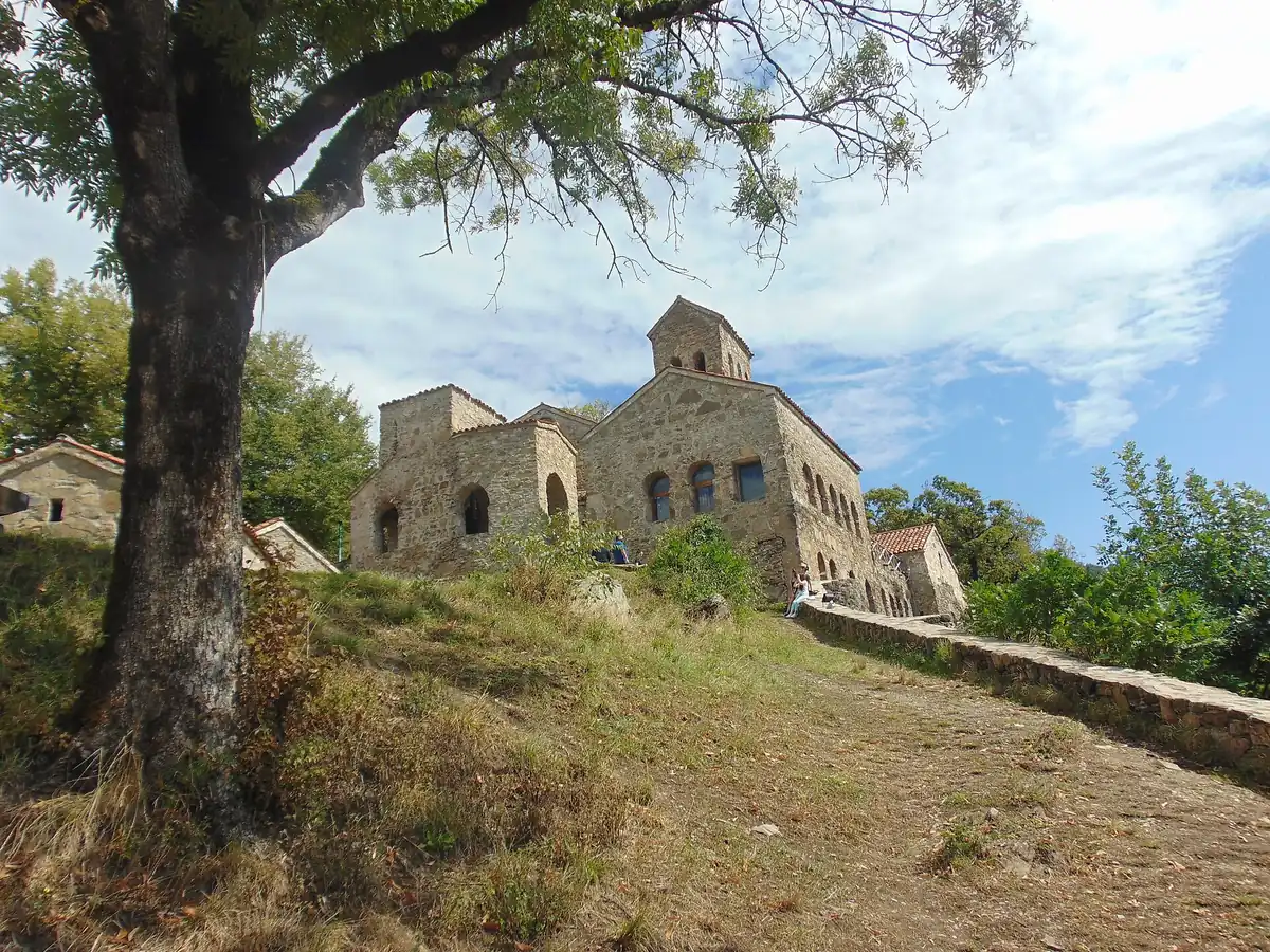 Stone monastery buildings on a hilltop, with a paved path and a large tree in the foreground