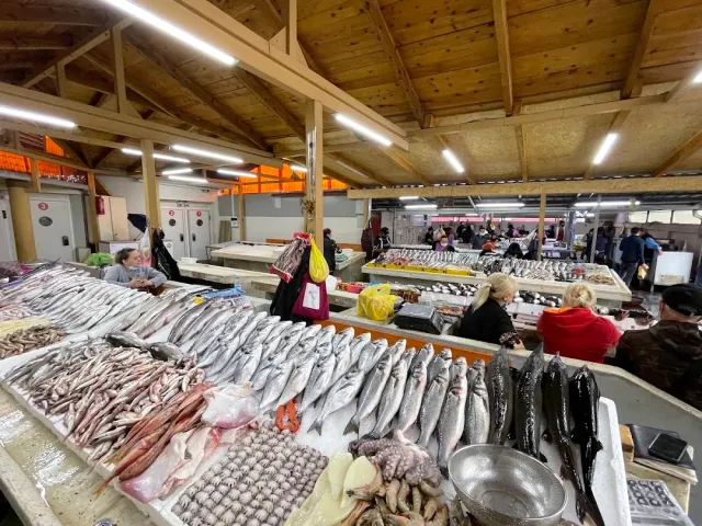 A covered market hall with counters loaded with fresh fish and vendors on both sides
