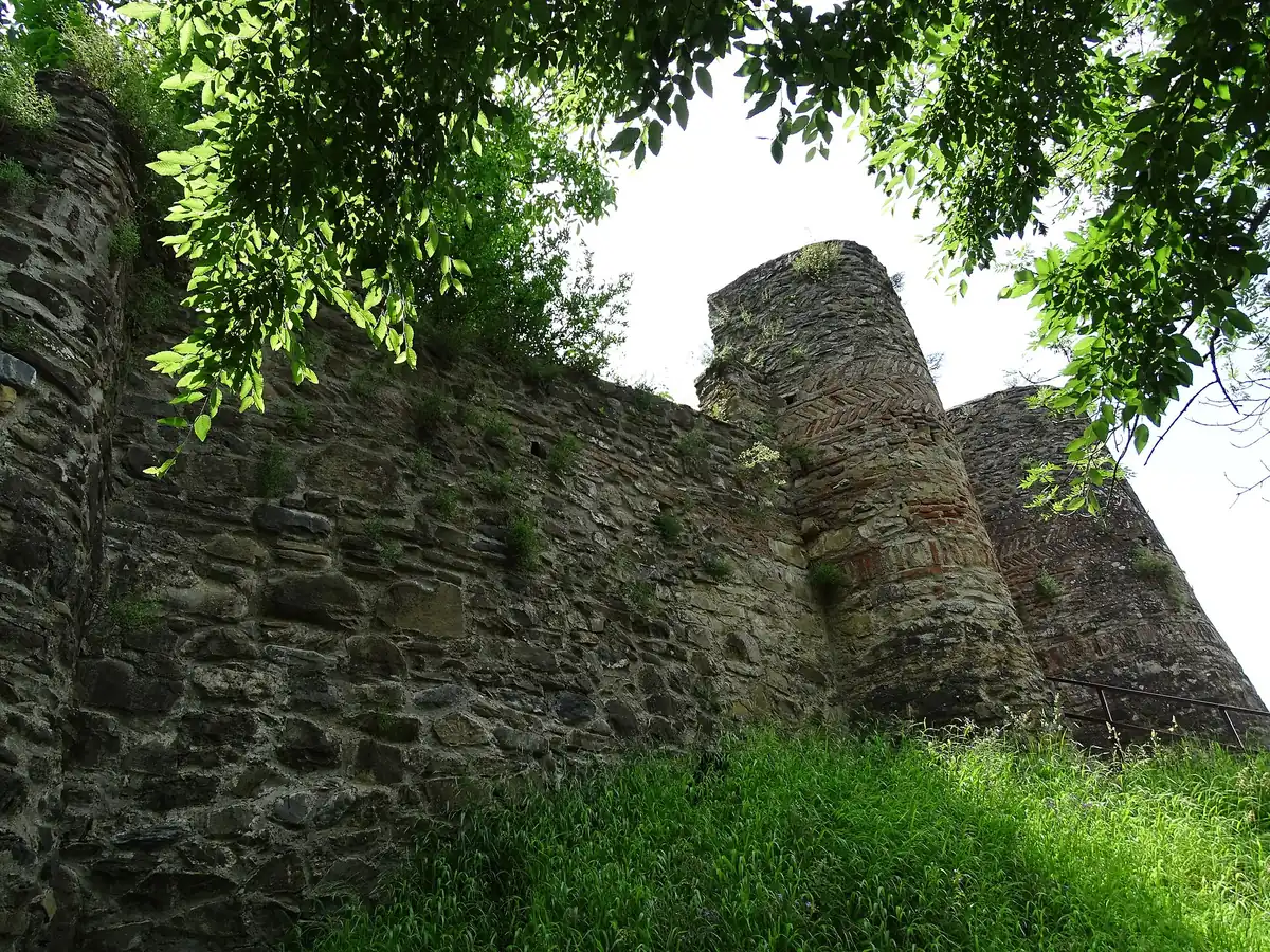 The stone wall and round tower of an old citadel seen from below, framed by green branches