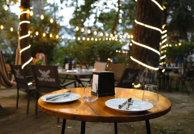 A round table set in a garden among trees wrapped in string lights at dusk