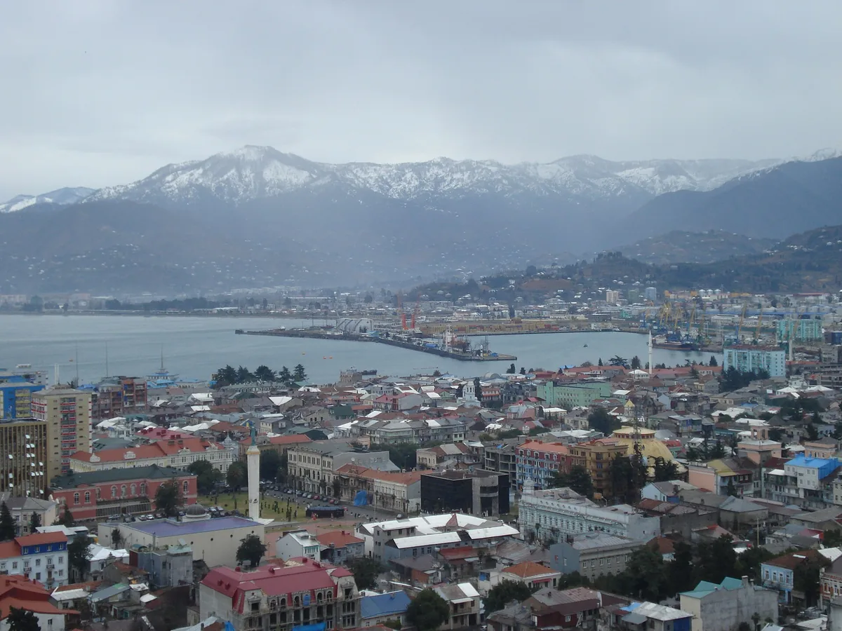 A coastal city and the mountains behind it from above