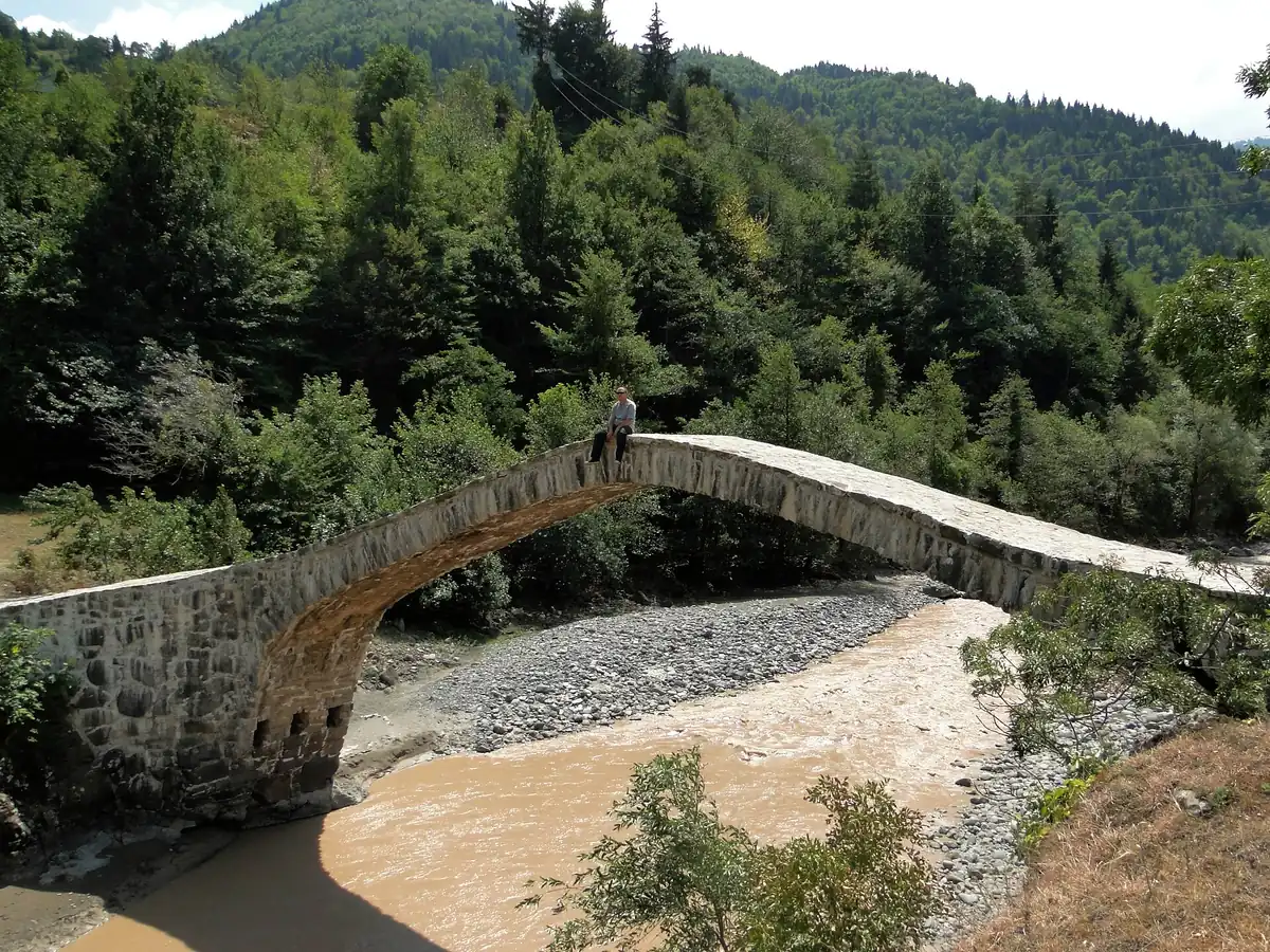 A stone arch bridge over a muddy river