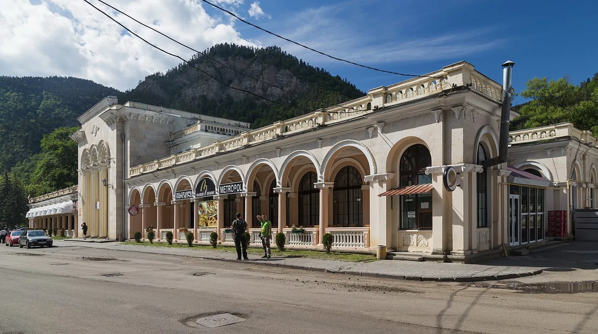 An arcaded railway station in an older style