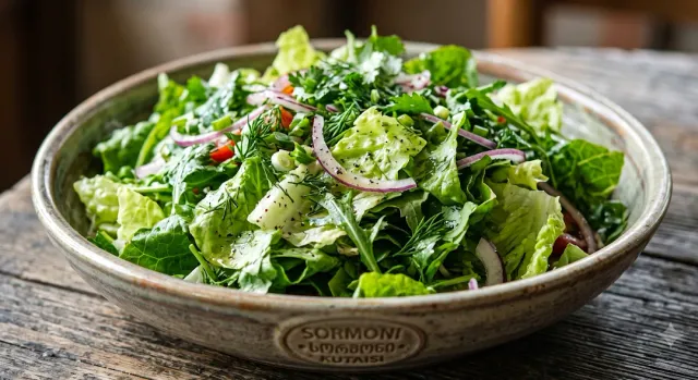 A ceramic bowl with a green leaf salad, purple onion rings and dill on a wooden table