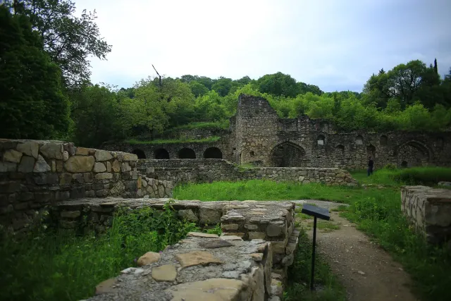 Stone ruins and a row of arches in a green courtyard surrounded by forest