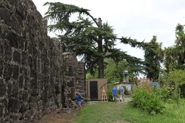 A high ancient stone wall with a tower, a path and tall trees beside it