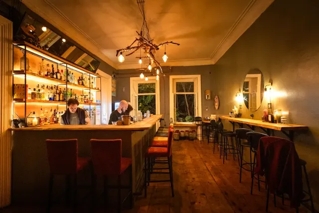 A long wooden bar with red stools, bottle shelves and a branch chandelier with bulbs