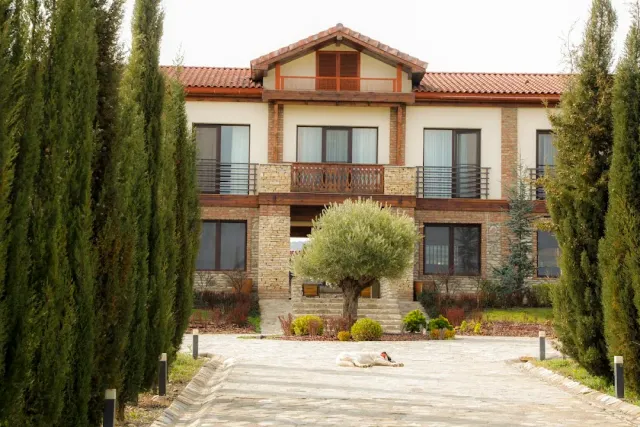 A two story stone building with a tiled roof, cypresses on both sides of the path and a dog lying on the paving