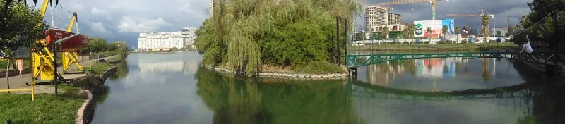 A small willow covered islet in Ardagani Lake in Batumi, with the city towers rising behind it