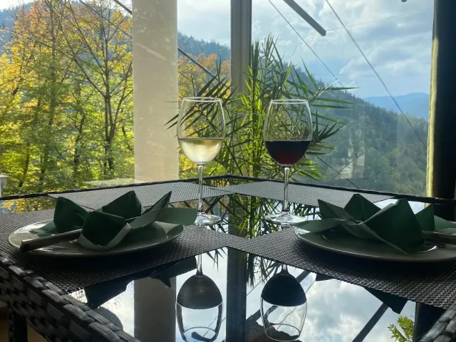 A table by a window with two wine glasses, folded green napkins and a view of forest and mountains