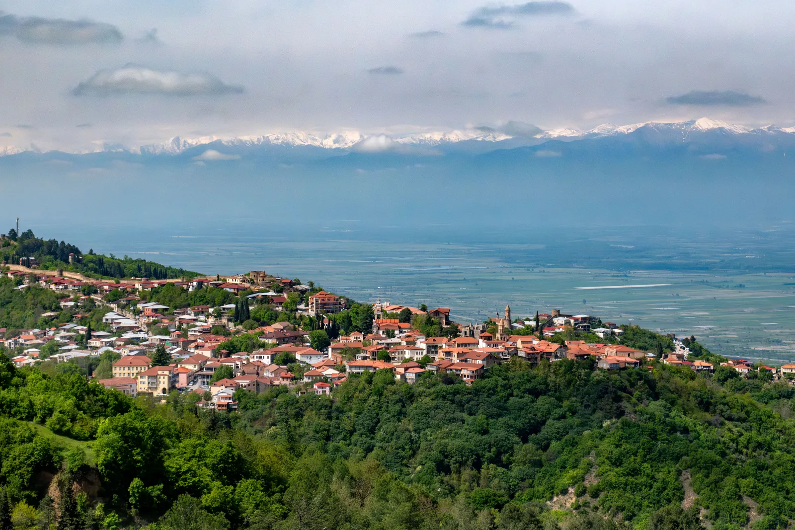 Hill town of Sighnaghi with tiled roofs above the Alazani valley in Georgia