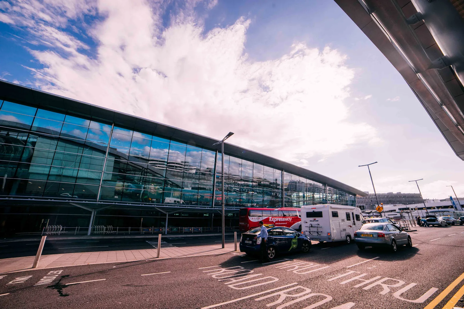 Taxi and bus stop outside the terminal at Tbilisi airport