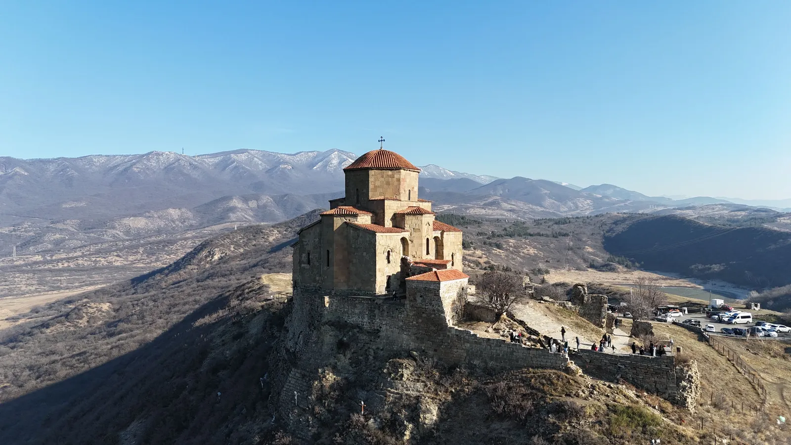 A stone church on a hilltop above the meeting of two rivers near Tbilisi, Georgia