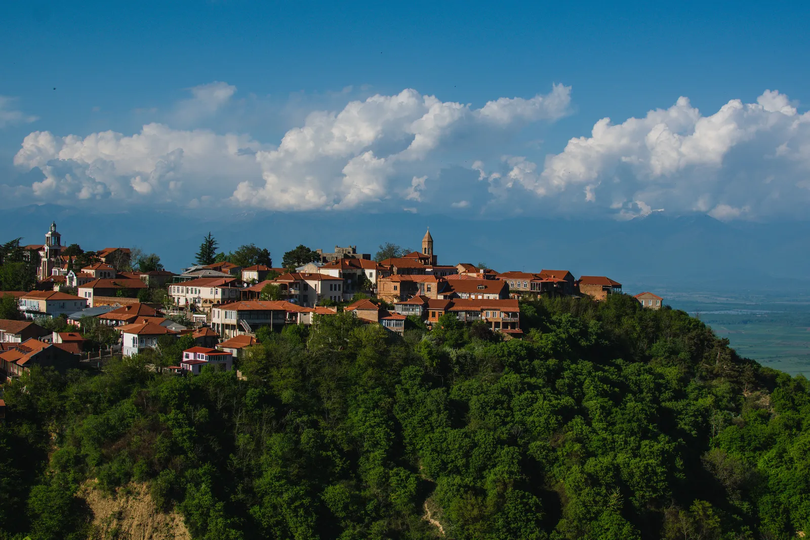 A walled hill town with red roofs looking out over a wide valley towards mountains in Georgia