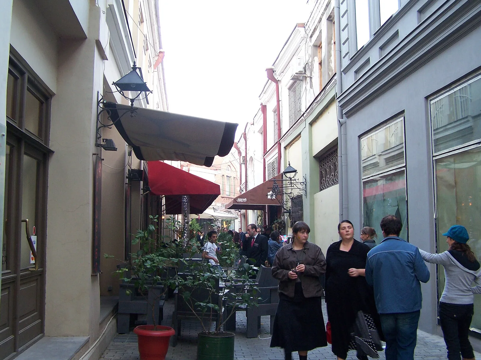 Cafe terraces and awnings on a pedestrian street in the old town of Tbilisi, Georgia