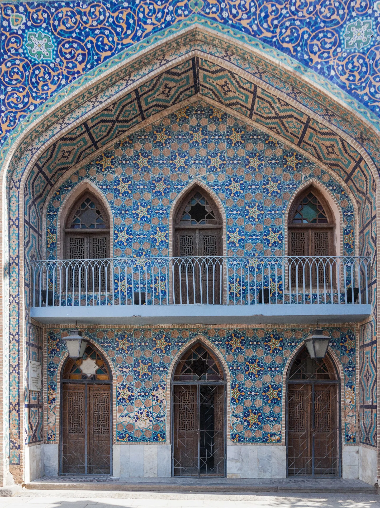 The tiled facade of a historic sulfur bathhouse in Tbilisi, Georgia