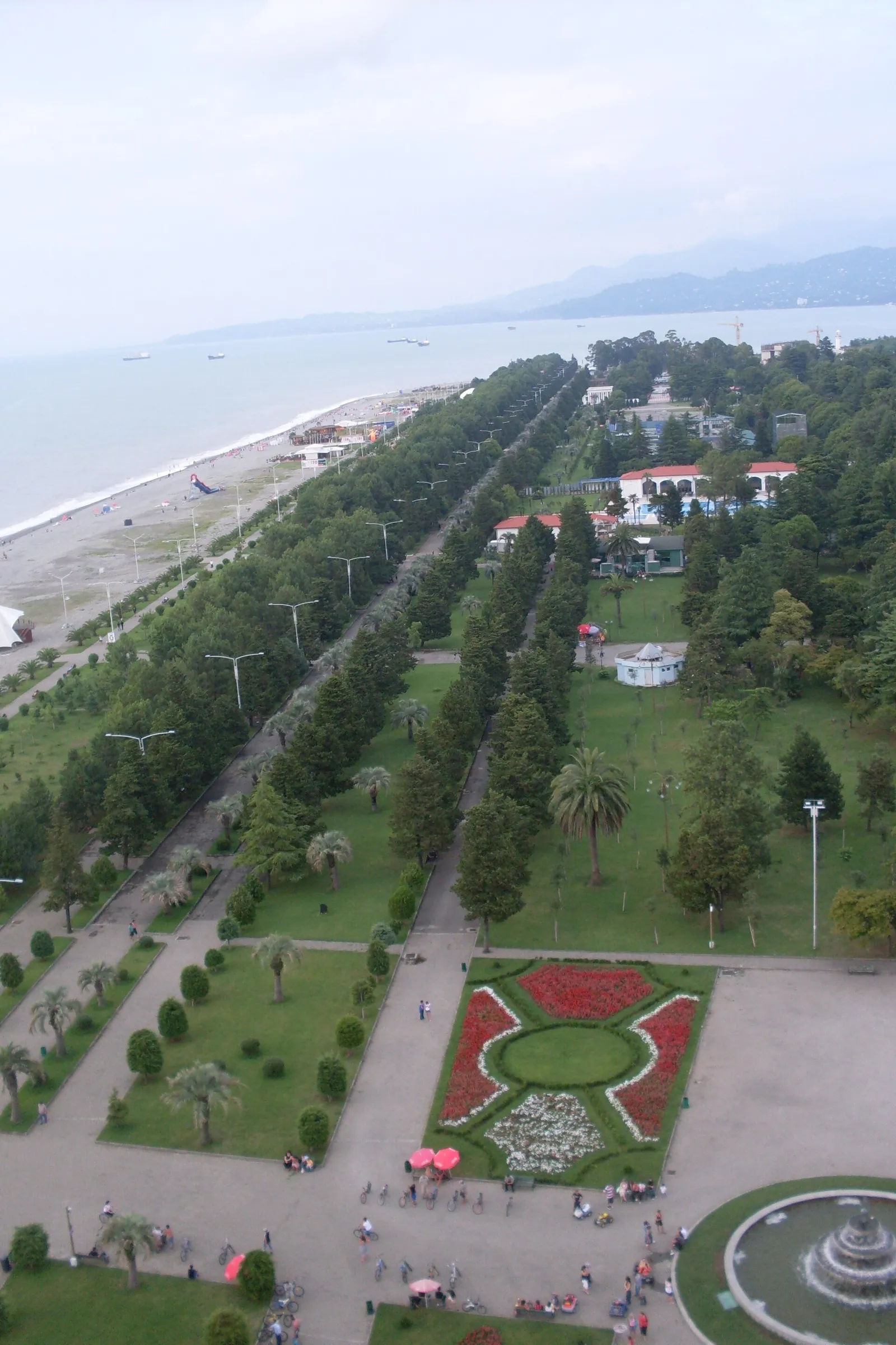 The seaside park in Batumi from above, with pine avenues running between the city and the Black Sea