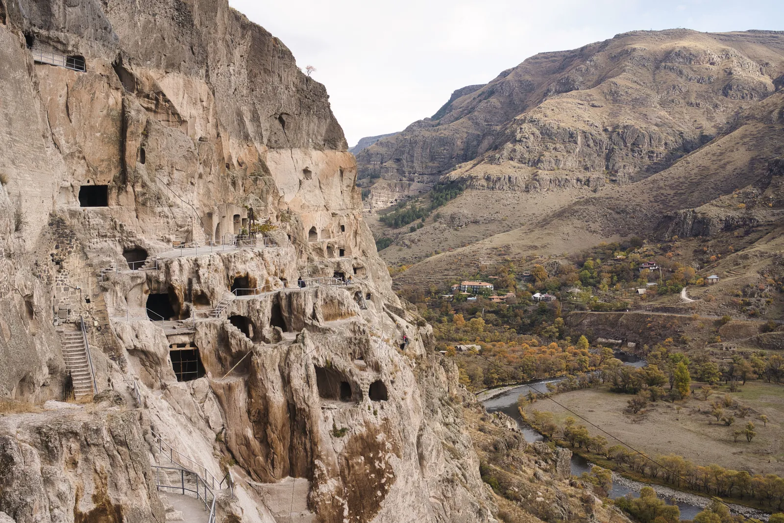 Cave dwellings carved into a cliff face at Vardzia in southern Georgia